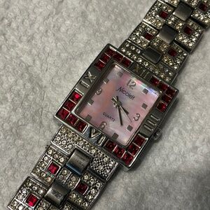 Nicolét Vintage Quartz Watch With Rectangle Face Featuring Faux Rubies & Diamond